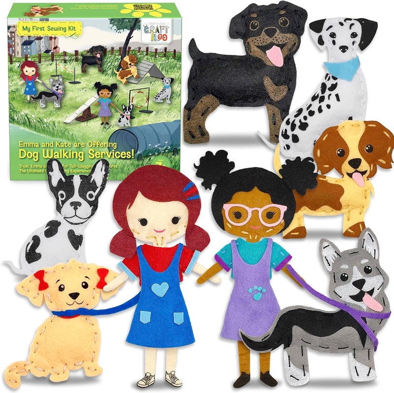 CRAFTILOO 8 Pre-Cut Dogs Stuffed Animal Fun Kids Sewing Kit for Kids Ages 8-12 Children Beginners Sewing kit Kid Puppy Crafts Felt Pillow Plush Craft Kit Girls and Boys - Image 1